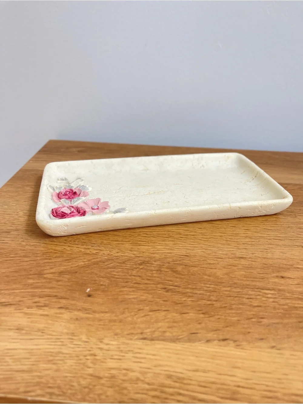 Cream Floral Ceramic/stone-like tray with Pink Rose Accent